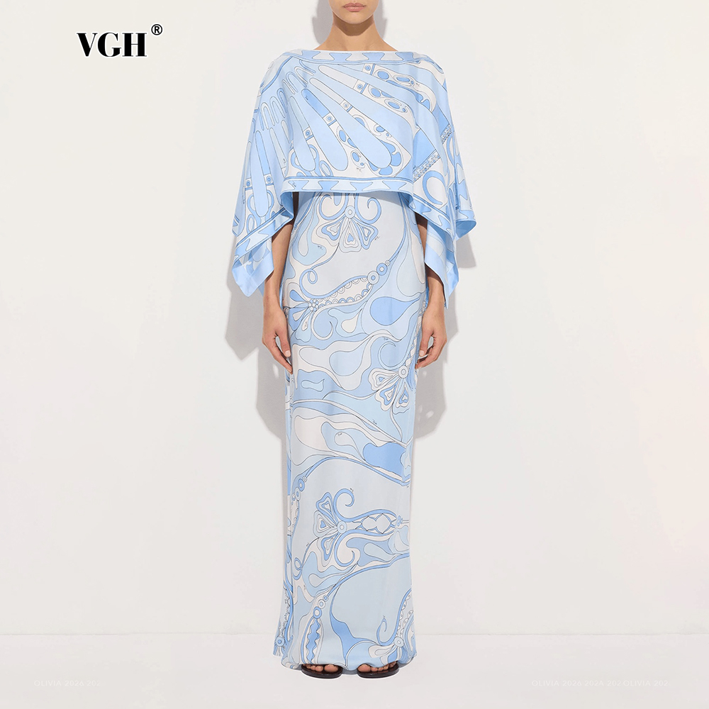 Men'S Formal Wear For A Wedding - ชุดเซ็ตสองชิ้นลายพิมพ์นามธรรมสีฟ้าอ่อน VGH สำหรับผู้หญิง ชุดเดรสเข้ารูปพร้อมเสื้อคลุมคอวีทรงหลวมสำหรับงานแต่งงาน งานกาล่า