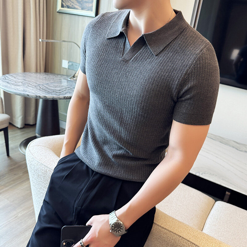Men'S Polo Formal Wear - เสื้อสเวตเตอร์คอปกโปโลทรงเข้ารูปสำหรับผู้ชาย ผ้าถักลายแจ็คการ์ด สีเบจ เทา น้ำตาล ดำ