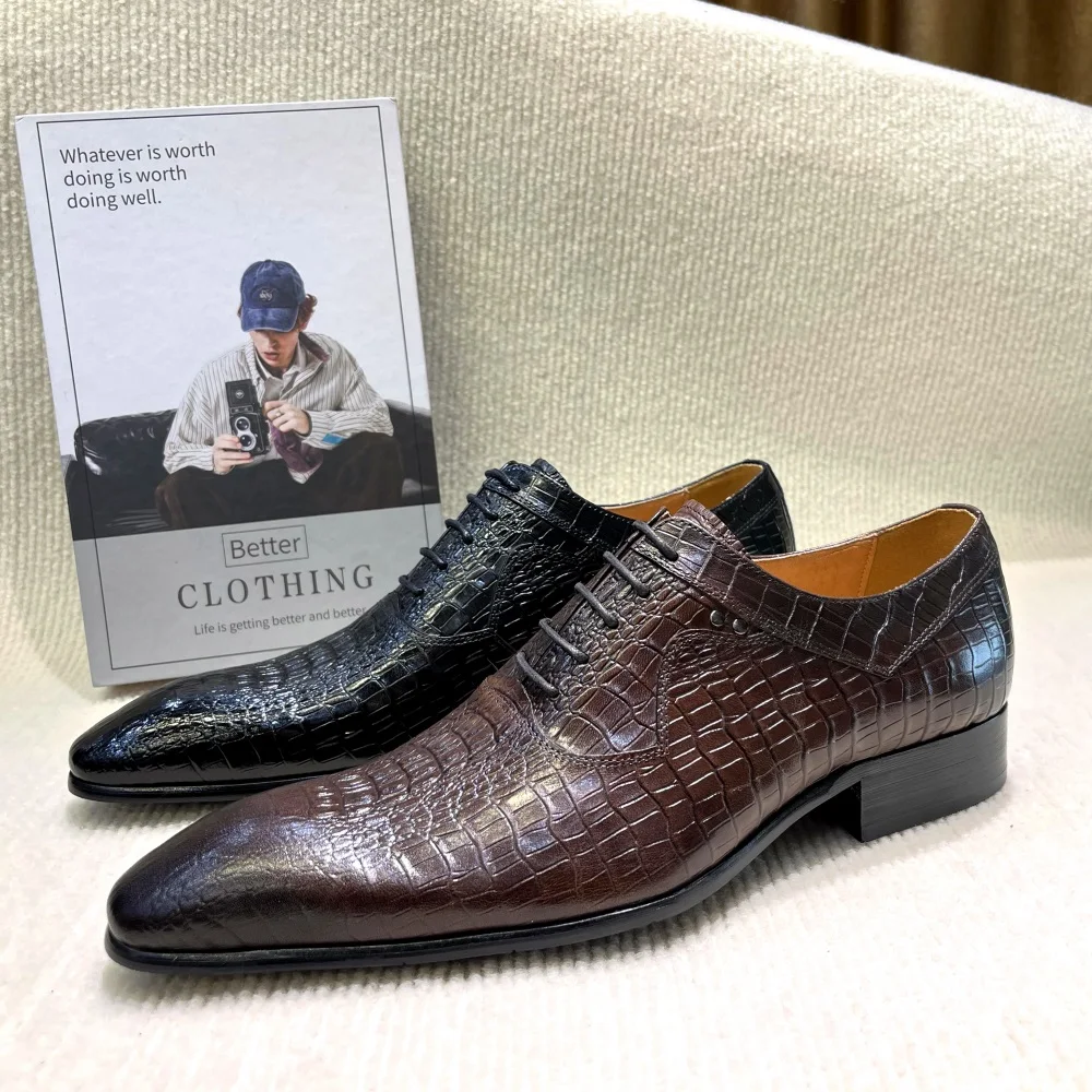 Men'S Formal Wear For A Wedding - อิตาเลี่ยนหรูหราผู้ชาย Pointed Toe Oxford รองเท้าสีดํากาแฟหนัง LACE-Up