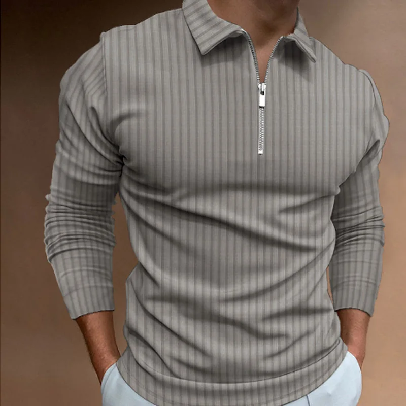 Men'S Polo Formal Wear - เสื้อโปโลแขนยาวลายทางสำหรับผู้ชาย ฤดูใบไม้ผลิและฤดูใบไม้ร่วง ปกซิป แนวธุรกิจ