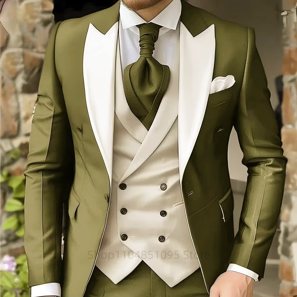 Elegant Formal Men'S Wear - ชุดสูทผู้ชาย เสื้อแจ็คเก็ตคอแหลมหรูหรา ชุดเจ้าบ่าว ชุดสูทสามชิ้น (เสื้อแจ็คเก็ต เสื้อกั๊ก