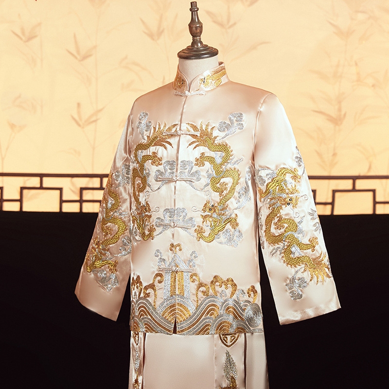 Men'S Formal Wear For A Wedding - ชุดสูทสีแชมเปญผู้ชาย xiuhe เสื้อโค้ทแจ็กเก็ตไซส์ใหญ่ลายมังกรฟีนิกซ์ชุดจีนสำหรับงานแต่งงานเจ้าบ่าว