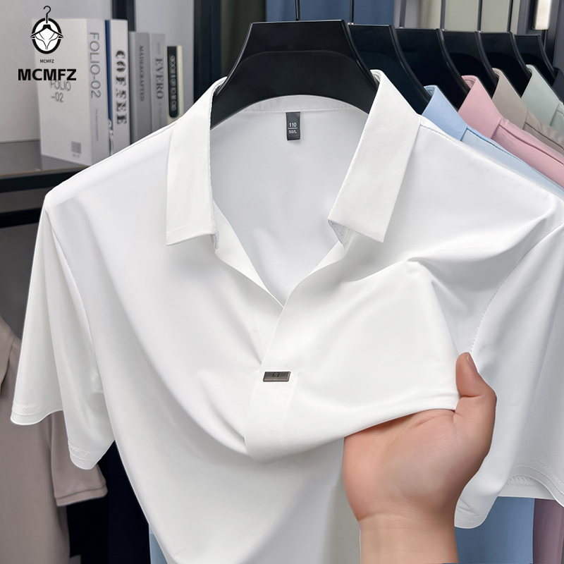 Men'S Polo Formal Wear - เสื้อเชิ้ตผู้ชายปกเรียบแบบซ่อนกระดุม ดีไซน์เรียบง่าย แต่งโลหะเดี่ยว ยืดหยุ่น ระบายอากาศ ป้องกันรอยยับ