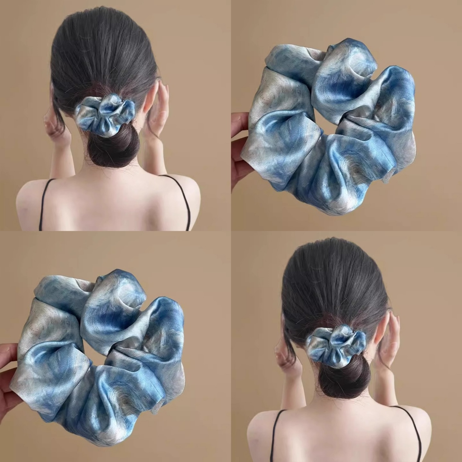 Silk Tie Woven - 1 ชิ้นสีฟ้าสีน้ําผม Scrunchie, ผ้าไหม - เหมือนผูกผมผ้า,