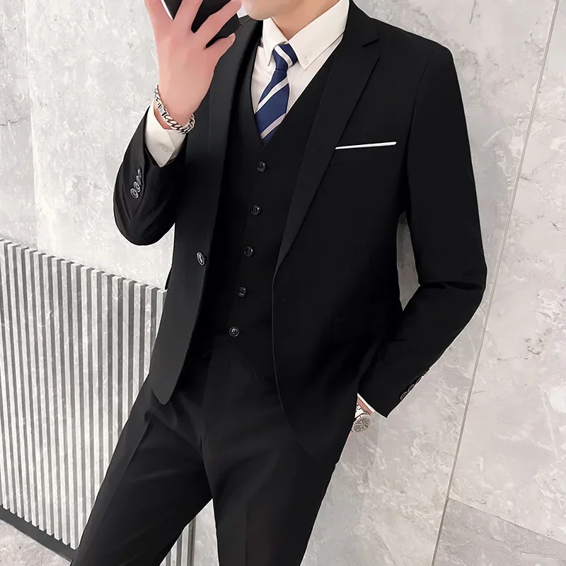 Elegant Formal Men'S Wear - ชุดสูทผู้ชายสำหรับใส่กลางแจ้ง ระบายอากาศได้ดี (เสื้อสูท+เสื้อกั๊ก+กางเกง) แฟชั่นธุรกิจสไตล์เกาหลี ชุดแต่งงานลำลอง ชุดทำงานสุภาพ