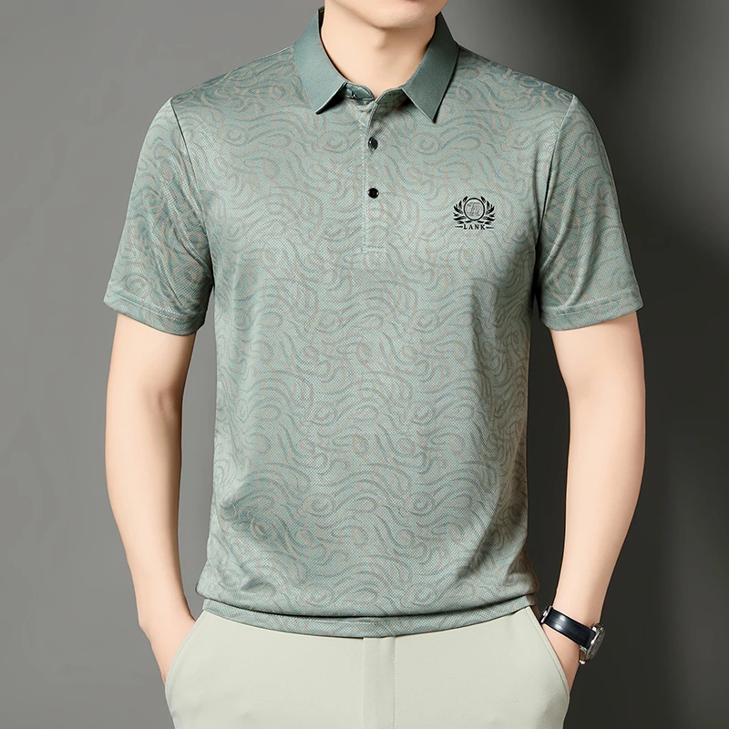 Men'S Polo Formal Wear - เสื้อโปโลพิมพ์ลายทางการสำหรับผู้ชาย แขนสั้น ปักลาย ผ้าไหมน้ำแข็ง ระบายอากาศได้ดี เหมาะสำหรับใส่ในฤดูร้อน