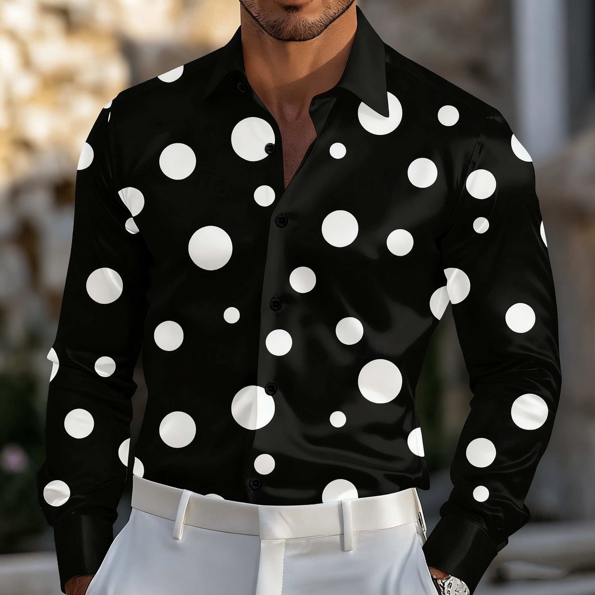 Men'S Holiday Formal Wear - เสื้อเชิ้ตผู้ชายลายจุดเรขาคณิต เสื้อเชิ้ตทรงทางการ แขนยาว แฟชั่นลำลอง ใส่เที่ยวพักผ่อน ฤดูร้อน