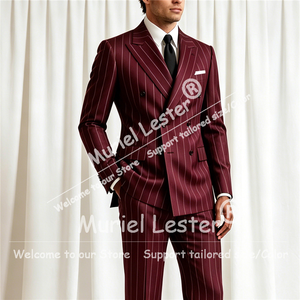Elegant Formal Men'S Wear - ชุดสูทลายทางสุดหรูสำหรับผู้ชาย ชุด 2 ชิ้น เสื้อแจ็คเก็ตกระดุมสองแถว กางเกงขายาว