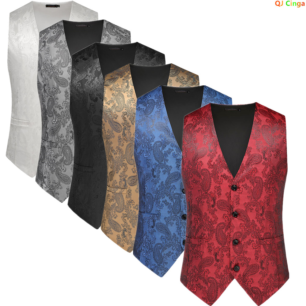 Men'S Formal Wear For A Wedding - เสื้อกั๊กสูทผู้ชายไซส์เอเชีย ลายเม็ดมะม่วงหิมพานต์ คอวี แขนกุด เหมาะสำหรับงานแต่งงาน/งานปาร์ตี้/การแสดงบนเวที