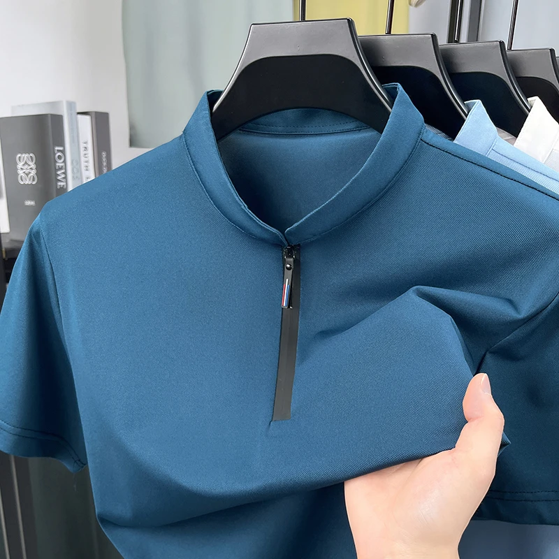 Men'S Polo Formal Wear - เสื้อเชิ้ตผู้ชายแบบทางการ คอตั้ง ซิปครึ่งตัว แขนสั้น ผ้าไหมน้ำแข็ง ระบายอากาศได้ดี