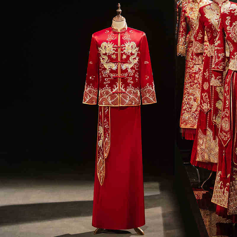 Men'S Formal Wear For A Wedding - ผู้ชายสไตล์จีนแต่งงานมังกรเย็บปักถักร้อยชุดจีน Qipao Vintage Oriental เจ้าบ่าวงานแต่งงานเสื้อผ้า Hanfu