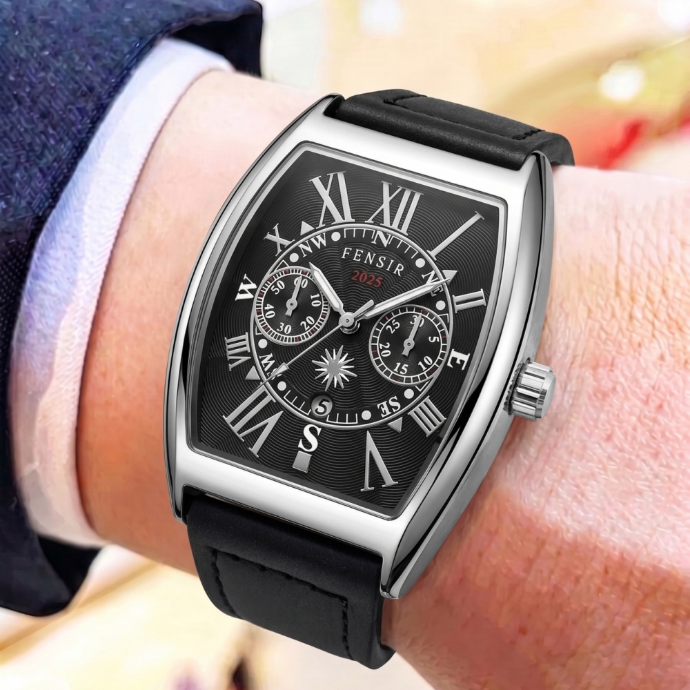 Men'S Holiday Formal Wear - นาฬิกาข้อมือผู้ชายระดับไฮเอนด์พร้อมกลไกควอทซ์รูปทรงกระบอก หน้าปัดตัวเลขโรมันสไตล์วินเทจ สายหนังกันน้ำและทนต่อการสึกหรอ ใช้งานได้สองแบบสำหรับธุรกิจ งานทางการ และสวมใส่ลำลอง