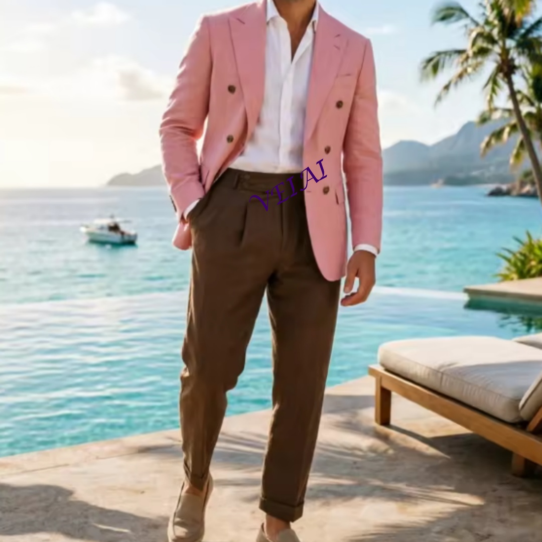 Men'S Holiday Formal Wear - ชุดสูทผู้ชายผ้าลินินสีเบจแบบสองชิ้นสั่งตัดพิเศษ ดีไซน์กระดุมสองแถว สง่างาม เหมาะสำหรับเจ้าบ่าว งานทางการ งานเลี้ยง