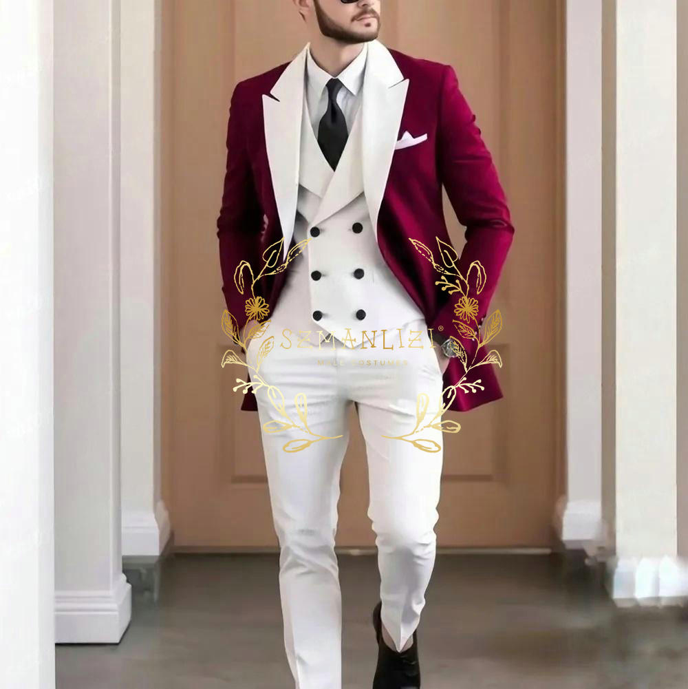 ชุดสูทผู้ชายสีแดงเบอร์กันดี 3  - Elegant Formal Men'S Wear บทวิจารณ์และราคา